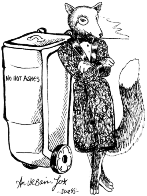 A fox in a smoking jacket leaning on a wheelie bin