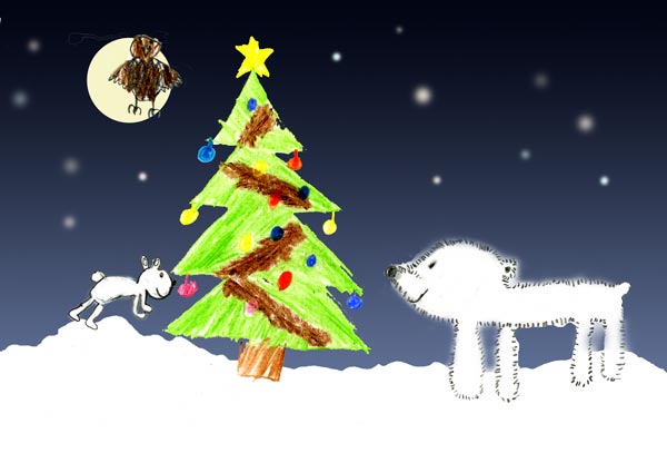 A picture, drawn by Marianne, of animals in a forest looking at a Christmas tree